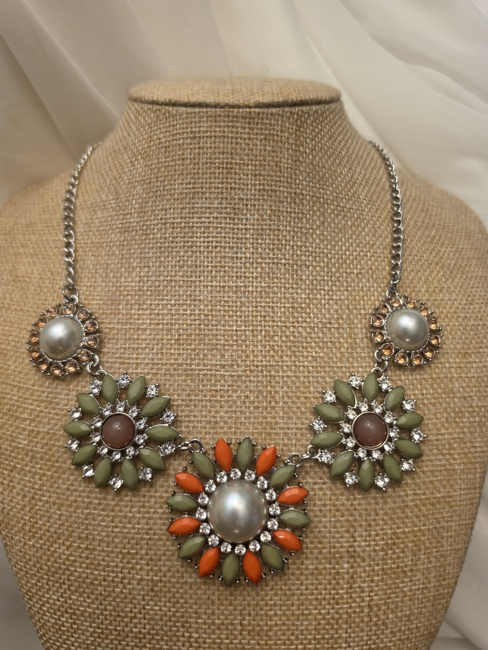 Floral Bib Collar Faux Pearls & Rhinestones Silver Flower Statement Necklace
